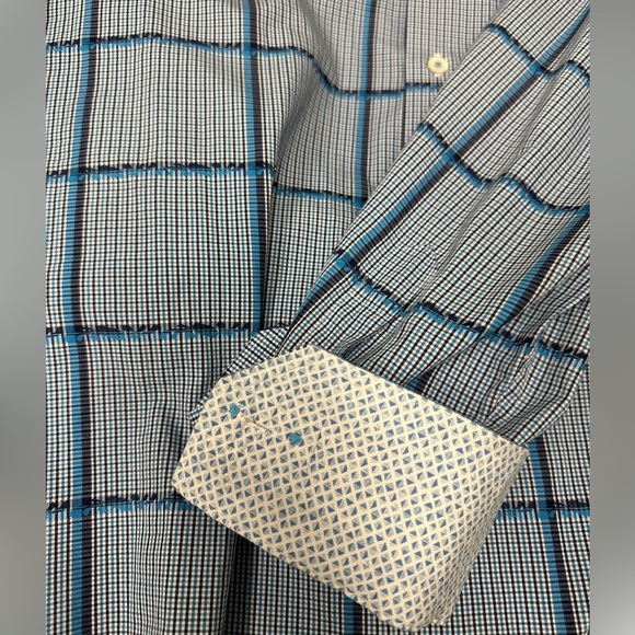 Bugatchi Uomo Blue Black White Square Long Sleeve Flip Cuffs Shirt Shaped Fit L - Picture 4 of 5